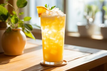 A Perfect Summer Refreshment: Cold Vanilla and Mango Soda in a Glass with Fresh Fruit Accents