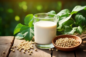 A vegan breakfast scene featuring a glass of soy milk, a pile of soybeans, and a classic milk bottle on a weathered wooden table