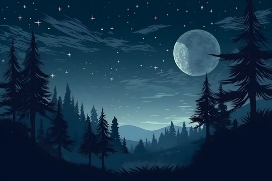 starry moonlit night, vector illustration