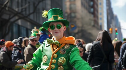 Daylight photo of a white smiling boy dressed in green festive clothing and glasses, celebrating St. Patrick's day at an outdoors parade. Concept of celebration, St. Patrick's day, Irish pride and hol - obrazy, fototapety, plakaty