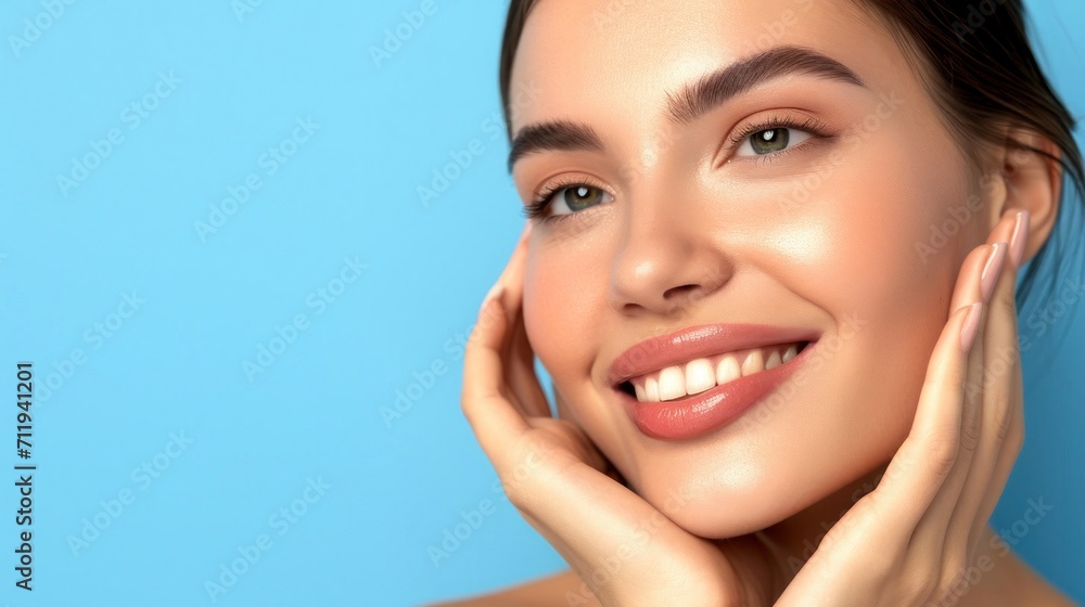 Poster woman smiling with hands on face - joyful expression of happiness and generative ai