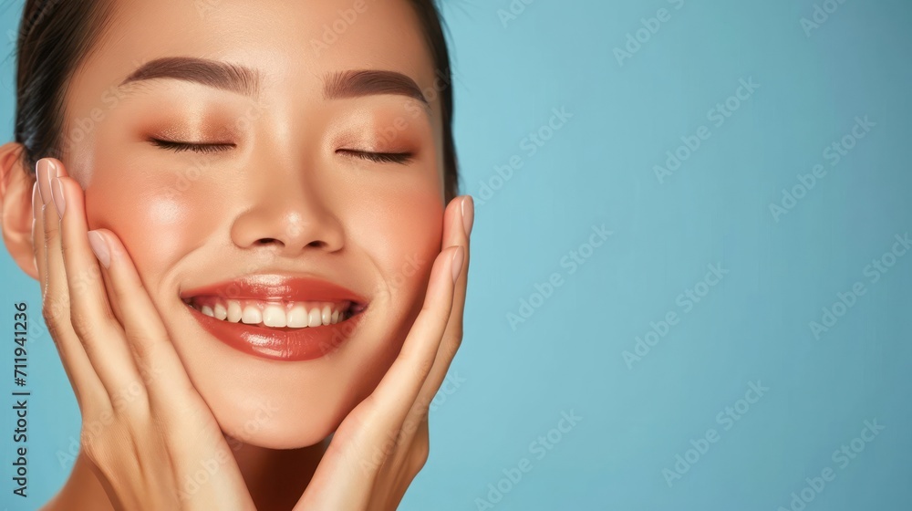 Poster woman smiling with hands on face joyful expression of happiness and generative ai