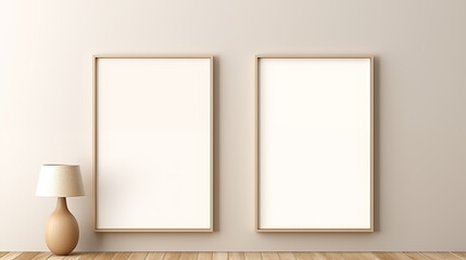 Two empty white frame on beige wall, minimalist design