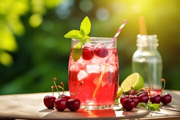 Enjoying a refreshing glass of cherry lemonade garnished with fresh fruits on a wooden table outdoors - obrazy, fototapety, plakaty