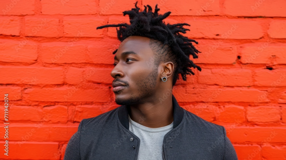 Poster smiling man with dreadlocks posing in front of brick wall generative ai