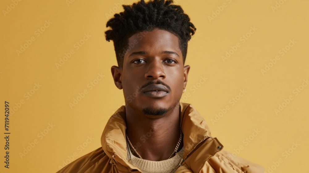 Poster man with dreadlocks standing in front of yellow background generative ai