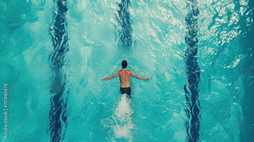 Poster man swimming in pool with surrounding trees generative ai