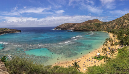 Hanauma Bay beach a marine embayment formed within a tuff ring and located along the southeast...
