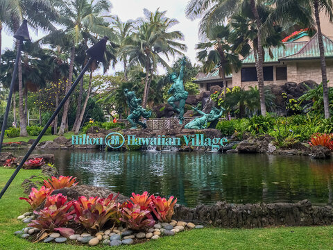 Honolulu, Hawaii, USA. Jan 25, 2014. A Hilton Hawaiian Village Waikiki Beach Resort sign in an artificial lake.