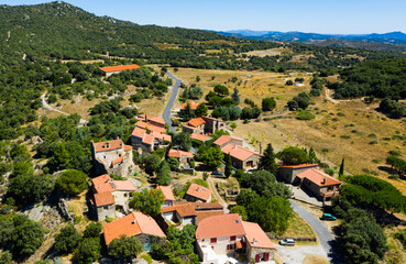 Panoramic view from the drone on the city Marcevol. Eastern Pyrenees. France