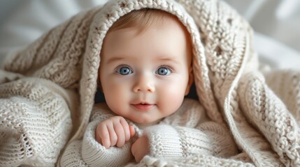 Fototapeta na wymiar Baby Wrapped in Blanket Gazing at Camera Generative AI