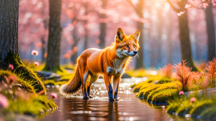 A fox in the spring forest - obrazy, fototapety, plakaty