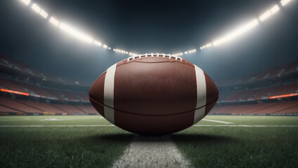American football ball placed at the center of an empty stadium field, spotlight shining down on...