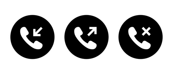 Incoming, outgoing, and missed call icon on black circle - obrazy, fototapety, plakaty