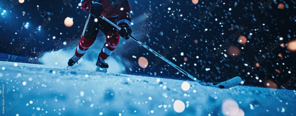 Poster intense nighttime ice hockey match captured with player in action generative ai