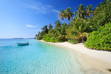 Tropical beach with palm trees and boat, Maldives