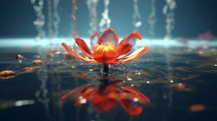 A red flower sitting in the middle of a puddle of water Ai Generative