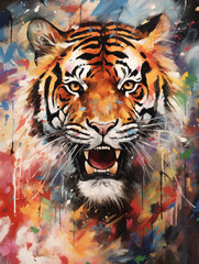Acryl Abstract Fierce Tiger With Open Mouth