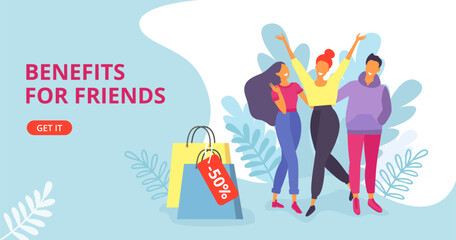 Three happy friends celebrating shopping sale, standing with discount bags. Group of diverse people enjoying special offers. Excited customers and friendship deals vector illustration.