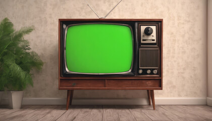 Vintage television with a green screen.