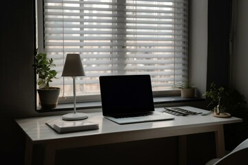Blank screen laptop on table in home. Generative AI
