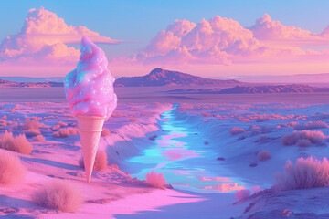 3d neon landscape art in the desert in candy style. Big neon pink ice cream cone.