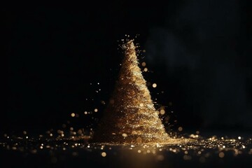 Sparkling gold rotates towards a glowing Christmas tree amidst shiny particles and vibrant light on a dark backdrop. Festive, copy space available. Generative AI