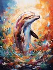 Acryl Abstract Painting of a Dolphin Jumping Out of Water