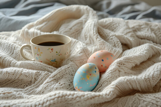 hand painted ornate easter eggs on a white linen bed in the morning with coffee cup scandinavian minimalism for seasonal spring holiday celebration with floral elements in magazine editorial look