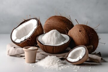 whole coconut and powdered coconut on a plain white background - obrazy, fototapety, plakaty