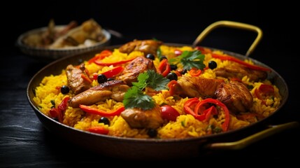 A macro image focusing on the textures and colors of a Chicken Paella, capturing the crispiness of the chicken skin and the tenderness of the rice