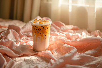 bubble tea boba drink iced refreshment beverage with tapioca pearls asian sweet shake in plastic cup magazine editorial in bed white linen and natural light setting scandinavian cozy Hygge breakfast