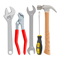 Realistic set of tools of master mechanic or plumber illustration isolated on white background. vector illustration of a wrench, adjustable wrench, screwdriver, plier wrench, and hammer.