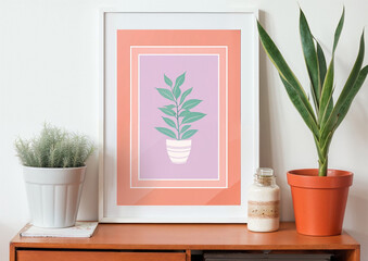 Botanical pot plant print on a table - mockup frames print type photo - pastel tones and colours