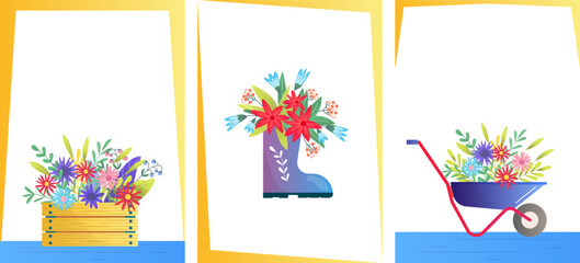 Spring flowers in wooden box, colorful boot vase, wheelbarrow with plants. Garden decor and springtime concept vector illustration.