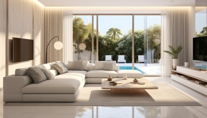 View of aesthetic eco-friendly house. A curved style minimalist sofa covered in fine fabric and a smart TV on the cream walls. Inspiration for environmentally friendly room concepts.