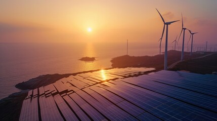 A serene sunset over the ocean with silhouette of wind turbines and solar panels, depicting renewable energy harnessing.