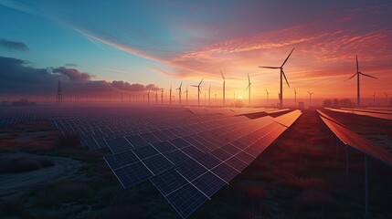 Early morning sunrise illuminating a vast field of solar panels and wind turbines in a rural setting, depicting renewable energy growth.