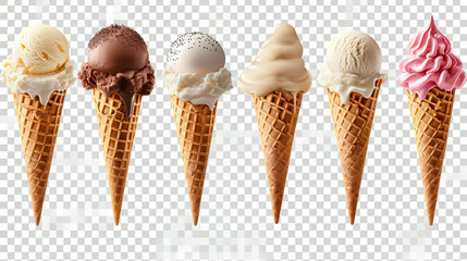 Ice cream scoop on waffle cone on transparent background cutout, PNG file. Many assorted different flavour Mockup template for artwork design - obrazy, fototapety, plakaty