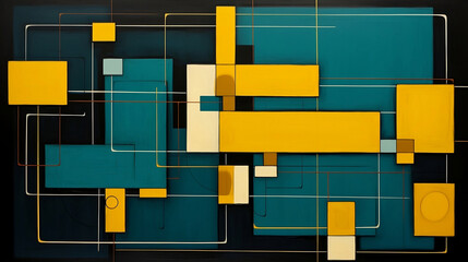 A painting featuring black and yellow squares, in the style of dark teal and light beige, simplified figures, tangled forms, graceful lines, high-contrast shading, double lines