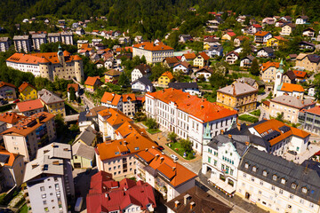 Panoramic view of small Slovenian town Idrija on sunny day