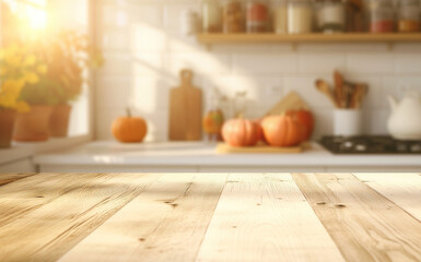 Table in rustic autumn kitchen with sunlight and copy space