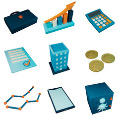 Versatile set of icons to represent various business and business facets, transparent background, isometric top view, 3d illustration