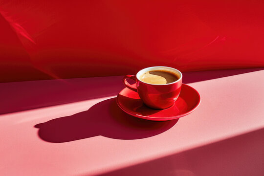 editorial close up photo of homemade artisan roast black coffee latte milk art in ceramic mug flower details on cafe coffee shop table natural sunlight with pink red contrast shadows pastel vibrant