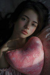 Closeup of beautiful young woman with pink pillow in shape of heart. Valentine's day, romantic concept.