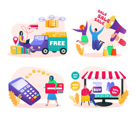 Naklejka premium Sale for free delivery, business service for people order vector illustration. Online retail technology, man courier bring box to customer home concept. Express transportation at internet food shop.