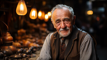 Obraz premium Portrait of a senior man in his Shoe making shop