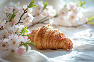 fresh homemade buttered french croissant with golden crust with minimal neutral white floral background for breakfast treat dessert bakery cafe in editorial magazine look