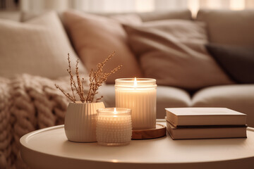 Candles and books on a coffee table, a sofa an pillows in the background. cozy winter atmosphere interior. 