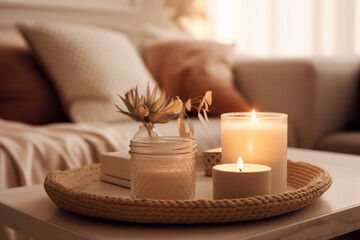 Candles on a coffee table, a sofa in the background. cozy winter atmosphere interior. 